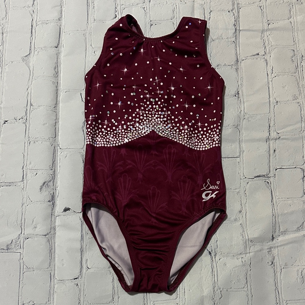 Suni Lee GK Elite Leotard Sparkle Gymnastics Leo Burgundy Rhinestone Leotard CM